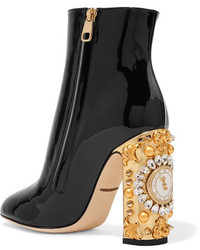 Dolce & Gabbana Embellished Patent Leather Ankle Boots Black