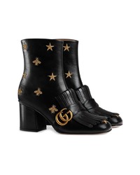 Gucci Embroidered Leather Mid Heel Ankle Boot