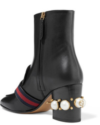 Gucci Marmont Logo And Faux Pearl Embellished Leather Ankle Boots Black