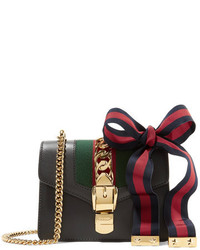 Gucci Sylvie Mini Chain Embellished Leather Shoulder Bag Black