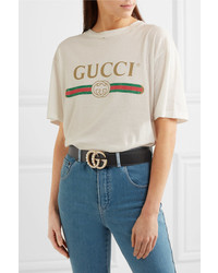 Gucci Faux Pearl Embellished Leather Belt Black