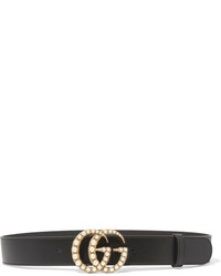 Gucci Faux Pearl Embellished Leather Belt Black