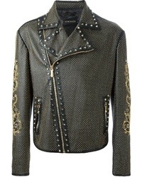 Black Embellished Leather Biker Jacket