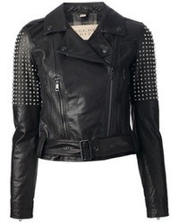 Women's Black Embellished Leather Biker Jacket, White Skater Dress ...