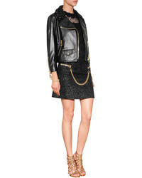 Moschino Leather Biker Jacket With Rose Collar And Chainlink Trim