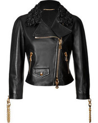 Moschino Leather Biker Jacket With Rose Collar And Chainlink Trim