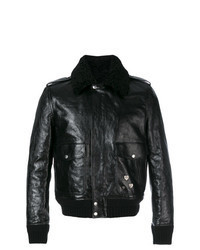Black Embellished Leather Bomber Jacket