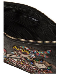 Dolce & Gabbana Embellished Appliqud Textured Leather Pouch Black