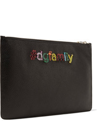 Dolce & Gabbana Embellished Appliqud Textured Leather Pouch Black