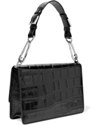 Alexander McQueen Embellished Croc Effect Leather Shoulder Bag Black