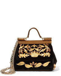 Dolce & Gabbana Sicily Mini Embellished Velvet And Metallic Leather Shoulder Bag Black