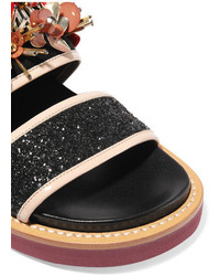 Marni Embellished Glittered Leather And Suede Slingback Sandals Black