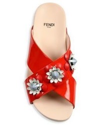Fendi Flowerland Embellished Patent Leather Crisscross Slides