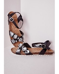 Missguided Jewelled Cross Strap Sandals Black Patent