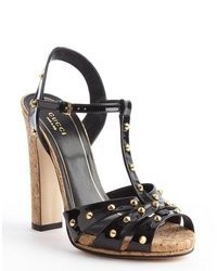 Gucci Black Patent Leather Studded Jacquelyne T Strap Sandals