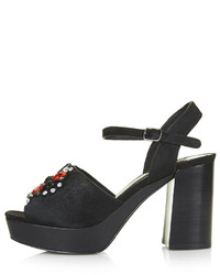Topshop Black Pony Effect Leather Platform Sandals With Embellisht Heel Height 4 Approximately 100% Leather Specialist Clean Only