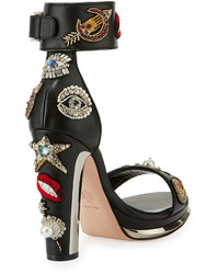 Alexander McQueen Embellished Leather Ankle Wrap Sandal Blackmulti