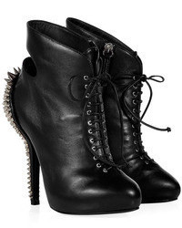 Black Embellished Leather Lace-up Ankle Boots