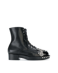 Black Embellished Leather Lace-up Flat Boots