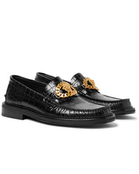 Versace Embellished Croc Effect Leather Loafers