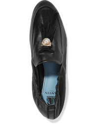 Lanvin Faux Pearl Embellished Tasseled Leather Slippers Black