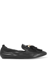 Lanvin Faux Pearl Embellished Tasseled Leather Slippers Black