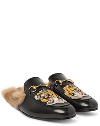 Gucci Princetown Shearling Lined Embellished Leather Backless Loafers