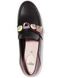 Fendi Rainbow Embellished Collapsible Heel Leather Loafers Black