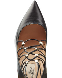 Valentino Leather Pumps With Embellished Ties At Ankle
