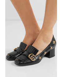 Gucci Marmont Fringed Logo Embellished Embroidered Glossed Leather Pumps
