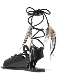 Ancient Greek Sandals Caravana Antigone Tulum Feather Embellished Leather Sandals Black