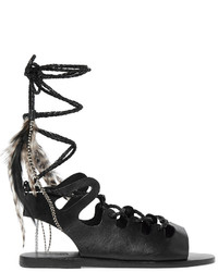Ancient Greek Sandals Caravana Antigone Tulum Feather Embellished Leather Sandals Black