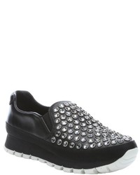 Prada Sport Black Leather Embellished Slip On Sneakers