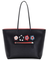 Fendi Roll Medium Flower Embellished Leather Tote Bag Black