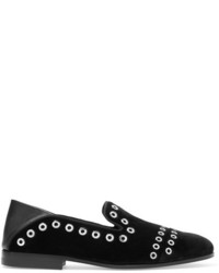 Alexander McQueen Leather Trimmed Eyelet Embellished Velvet Loafers Black