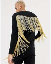 ASOS DESIGN Longline Long Sleeve T Shirt With Gold Fringing In Black