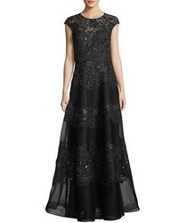 Rickie Freeman For Teri Jon Embellished Mesh Lace Cap Sleeve Evening Gown