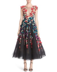 Marchesa Plunging V Neck 3d Embellished Tulle Midi Dress