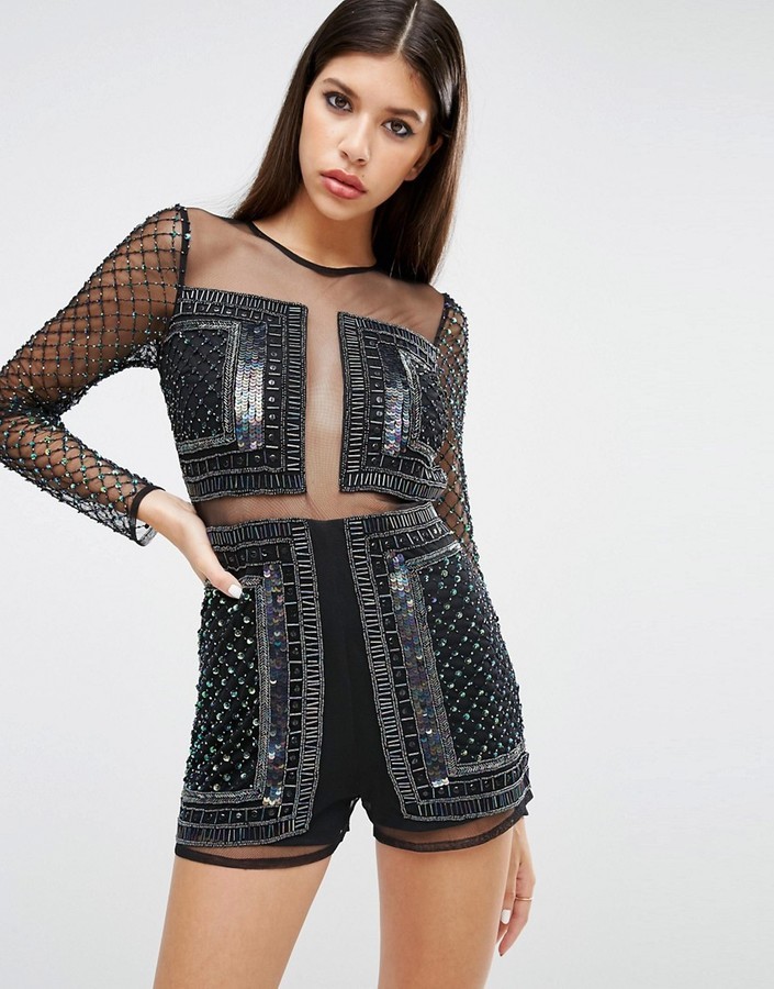 imply Compliment So far Asos Mirror Paneled Embellished Romper, $98 | Asos | Lookastic