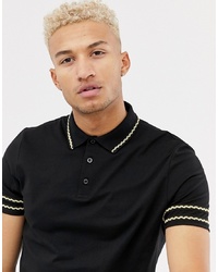 ASOS DESIGN Polo Shirt With Contrast Gold Sleeve Taping In Black