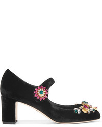 Dolce & Gabbana Vally Embellished Velvet Mary Jane Pumps Black