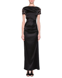Giorgio Armani Embellished Sleeve Satin Column Gown Black
