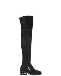 Black Embellished Satin Over The Knee Boots