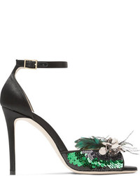 Jimmy Choo Annie Sequin And Feather Embellished Satin Sandals Black