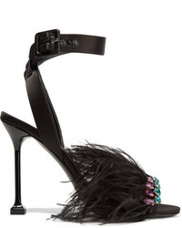 Miu Miu Crystal And Feather Embellished Satin Sandals Black