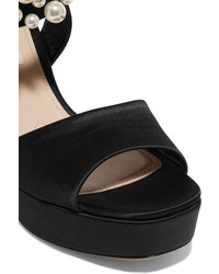 Miu Miu Faux Pearl Embellished Satin Platform Sandals Black