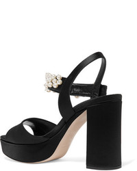 Miu Miu Faux Pearl Embellished Satin Platform Sandals Black