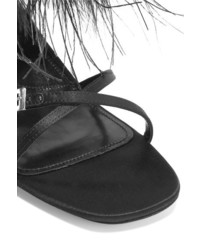 Prada Feather Embellished Satin Sandals Black