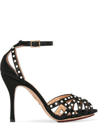 Charlotte Olympia Picalilly Faux Pearl Embellished Satin Sandals Black