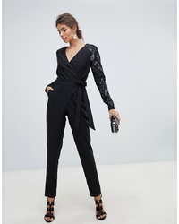 Little Mistress Wrap Front Jumpsuit With Sequin Sleeves And Exposed Back